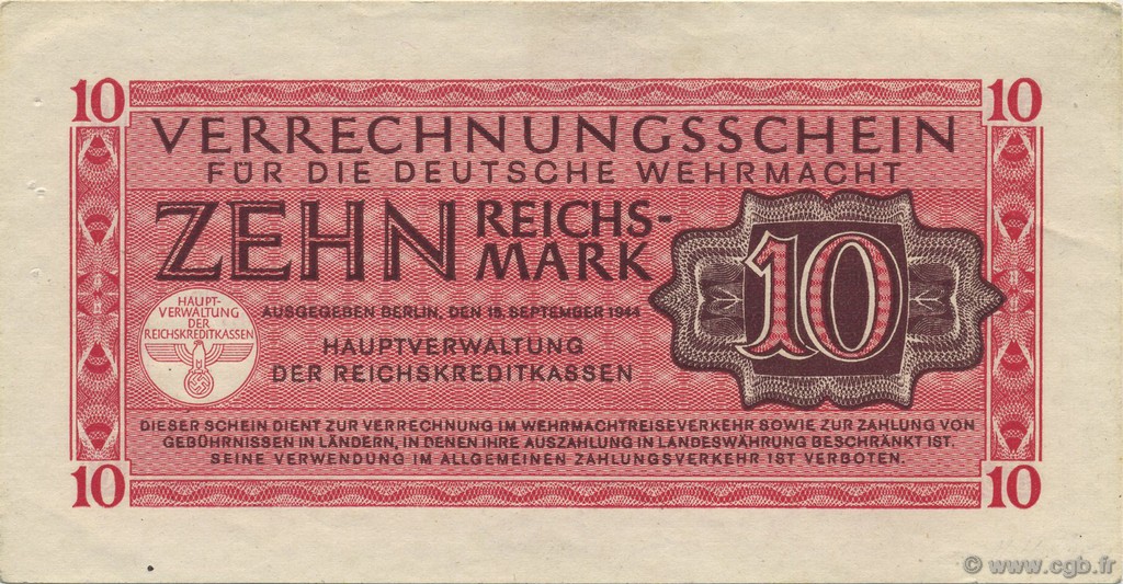 10 Reichsmark GERMANY  1942 P.M40 XF+