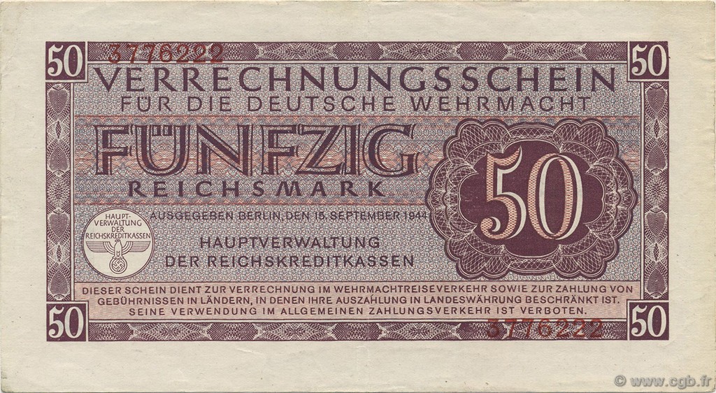 50 Reichsmark GERMANY  1942 P.M41 XF