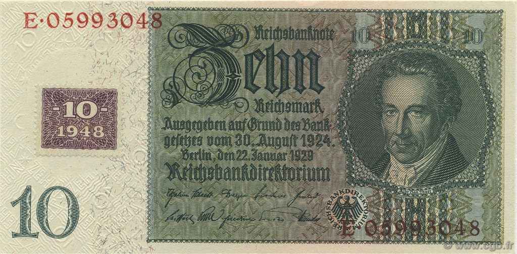 10 Deutsche Mark GERMAN DEMOCRATIC REPUBLIC  1948 P.04b UNC-