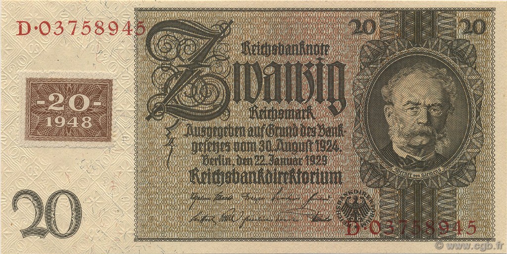 20 Deutsche Mark GERMAN DEMOCRATIC REPUBLIC  1948 P.05b UNC-