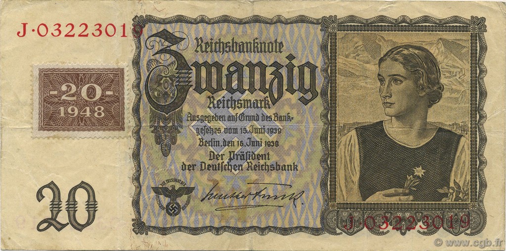 20 Deutsche Mark REPúBLICA DEMOCRáTICA ALEMANA  1948 P.05A MBC