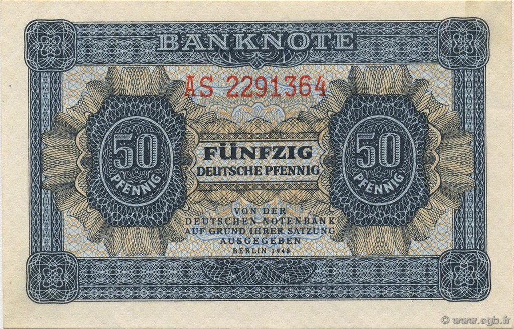 50 Deutsche Pfennig GERMAN DEMOCRATIC REPUBLIC  1948 P.08b XF+