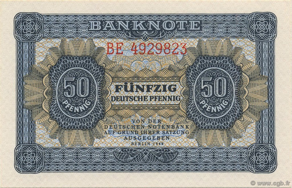 50 Deutsche Pfennig GERMAN DEMOCRATIC REPUBLIC  1948 P.08b UNC-