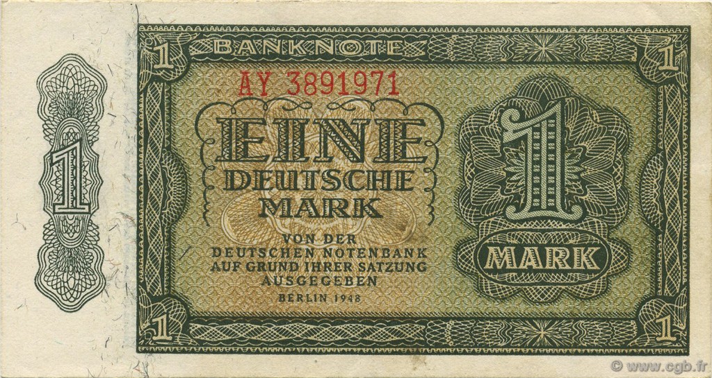 1 Deutsche Mark GERMAN DEMOCRATIC REPUBLIC  1948 P.09b XF