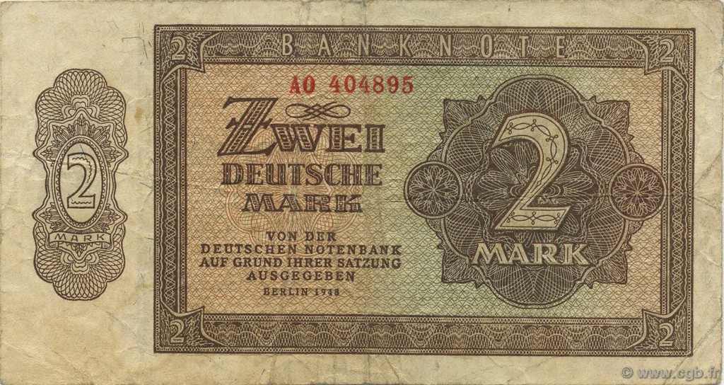 2 Deutsche Mark GERMAN DEMOCRATIC REPUBLIC  1948 P.10a F+