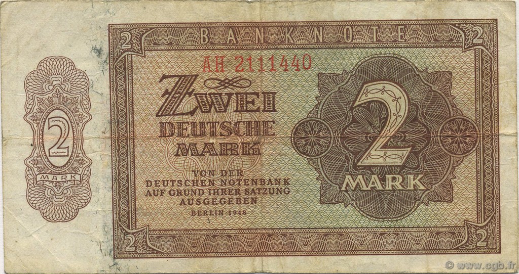 2 Deutsche Mark GERMAN DEMOCRATIC REPUBLIC  1948 P.10b VF