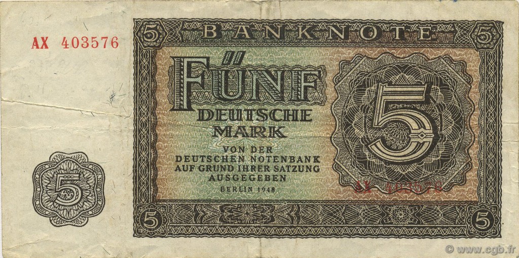 5 Deutsche Mark GERMAN DEMOCRATIC REPUBLIC  1948 P.11a VF