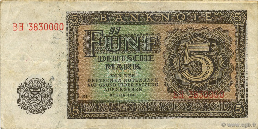 5 Deutsche Mark DEUTSCHE DEMOKRATISCHE REPUBLIK  1948 P.11b SS