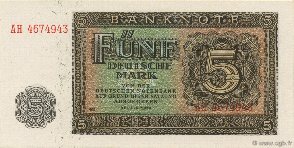 5 Deutsche Mark GERMAN DEMOCRATIC REPUBLIC  1948 P.11b UNC-