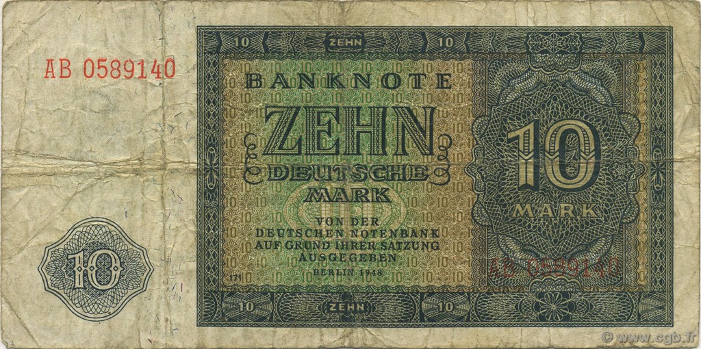 10 Deutsche Mark REPUBBLICA DEMOCRATICA TEDESCA  1948 P.12b MB
