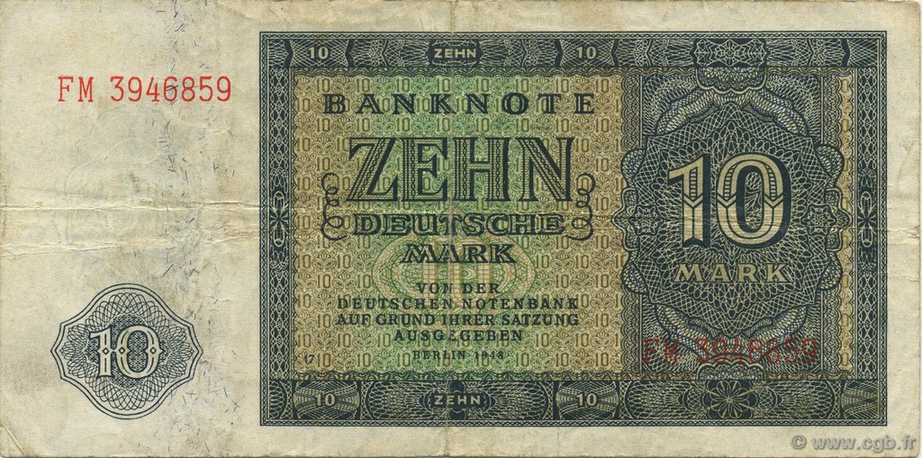 10 Deutsche Mark ALLEMAGNE RÉPUBLIQUE DÉMOCRATIQUE  1948 P.12b TTB