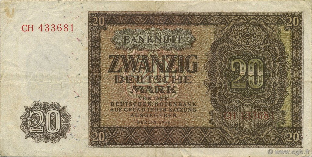 20 Deutsche Mark GERMAN DEMOCRATIC REPUBLIC  1948 P.13a VF