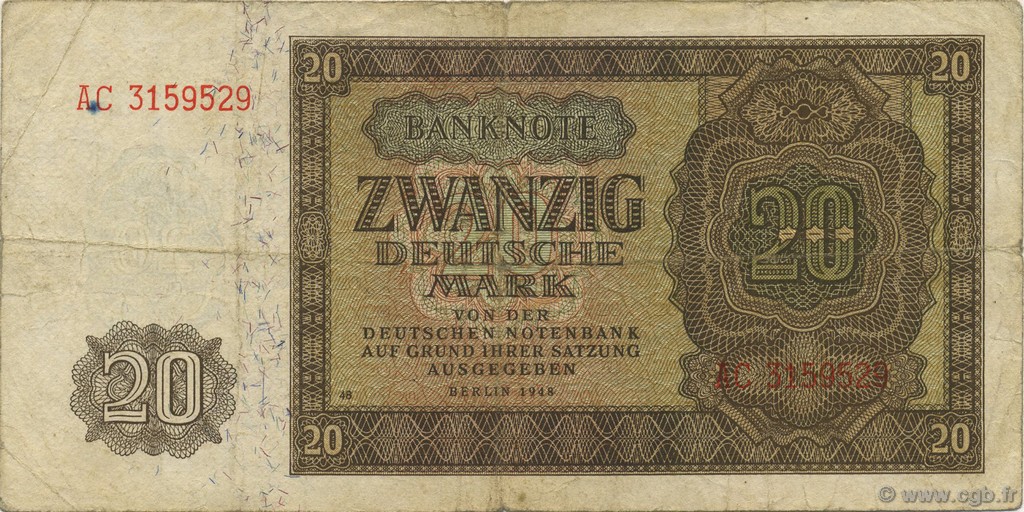 20 Deutsche Mark GERMAN DEMOCRATIC REPUBLIC  1948 P.13b F+