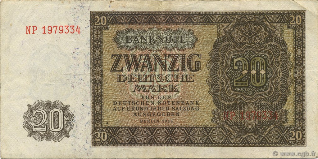 20 Deutsche Mark GERMAN DEMOCRATIC REPUBLIC  1948 P.13b VF