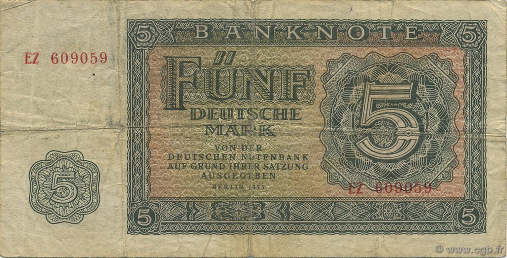 5 Deutsche Mark REPUBBLICA DEMOCRATICA TEDESCA  1955 P.17 MB