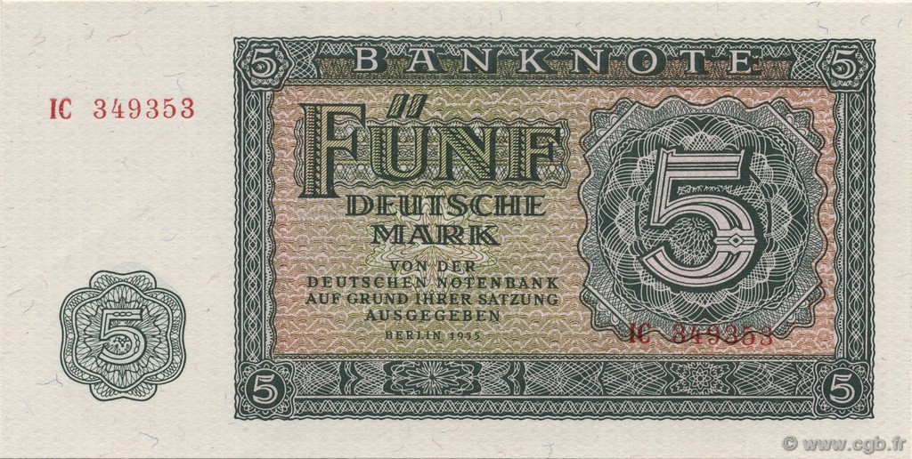 5 Deutsche Mark GERMAN DEMOCRATIC REPUBLIC  1955 P.17 UNC-