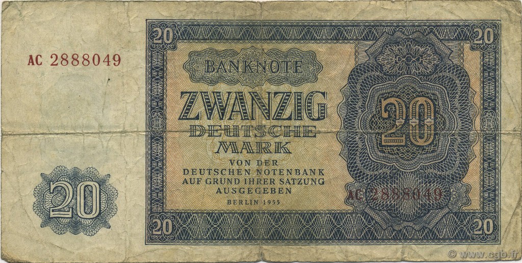 20 Deutsche Mark GERMAN DEMOCRATIC REPUBLIC  1955 P.19a F-