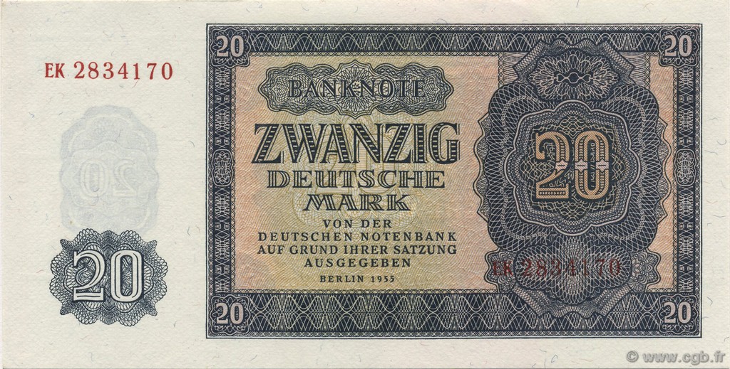 20 Deutsche Mark DEUTSCHE DEMOKRATISCHE REPUBLIK  1955 P.19a fST+