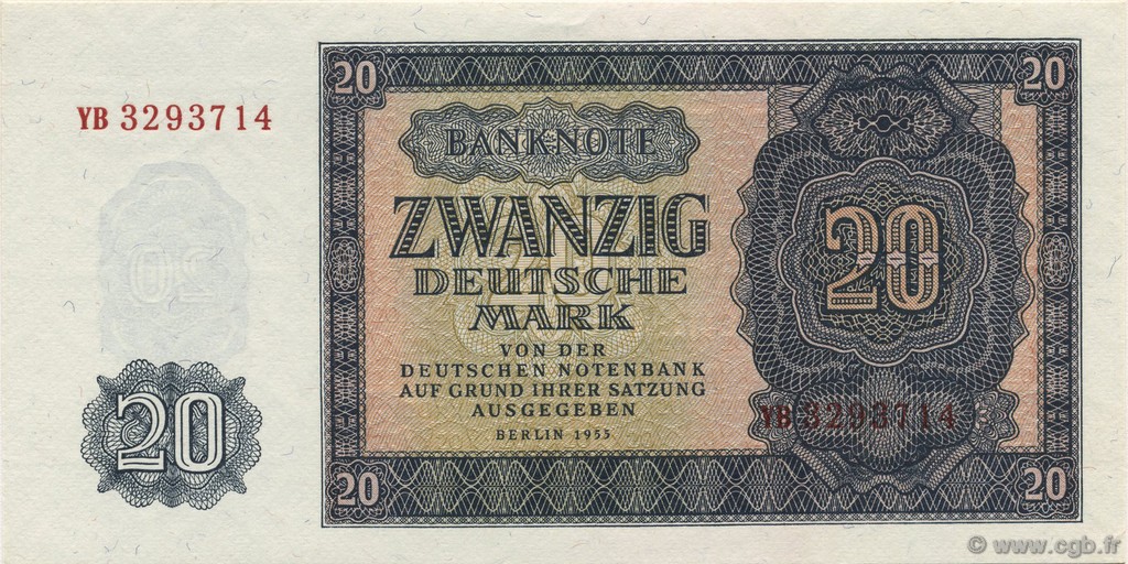 20 Deutsche Mark DEUTSCHE DEMOKRATISCHE REPUBLIK  1955 P.19a ST