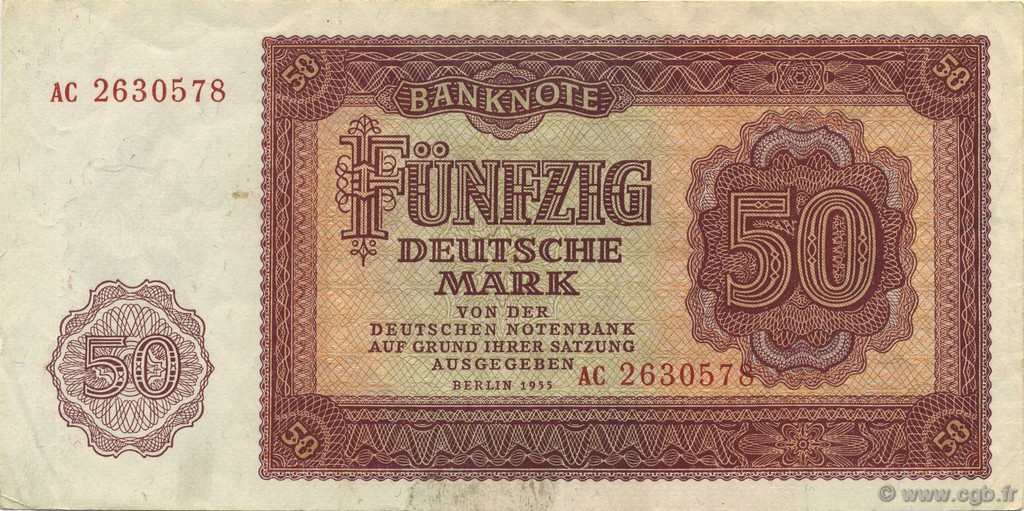 50 Deutsche Mark DEUTSCHE DEMOKRATISCHE REPUBLIK  1955 P.20a fVZ