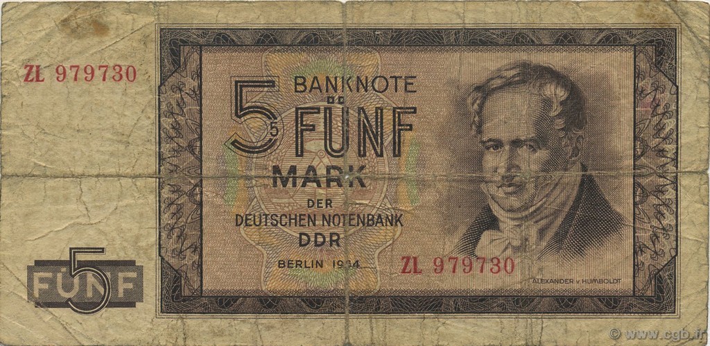 5 Mark GERMAN DEMOCRATIC REPUBLIC  1964 P.22r F