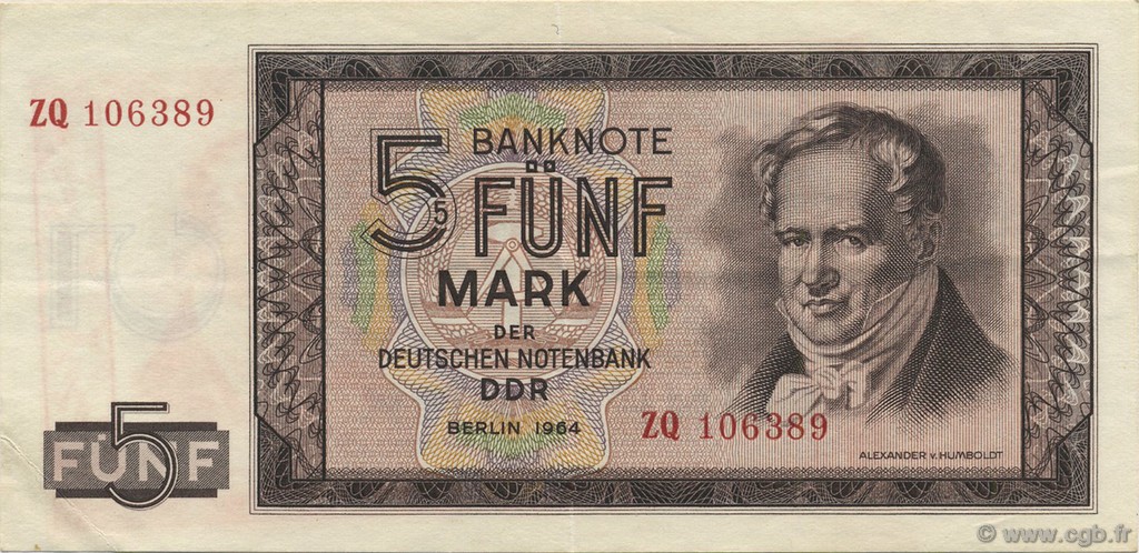 5 Mark GERMAN DEMOCRATIC REPUBLIC  1964 P.22r XF