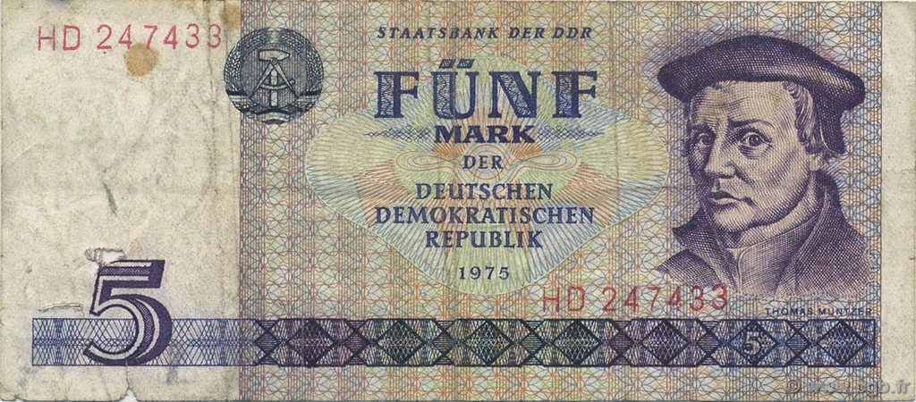 5 Mark GERMAN DEMOCRATIC REPUBLIC  1975 P.27a F