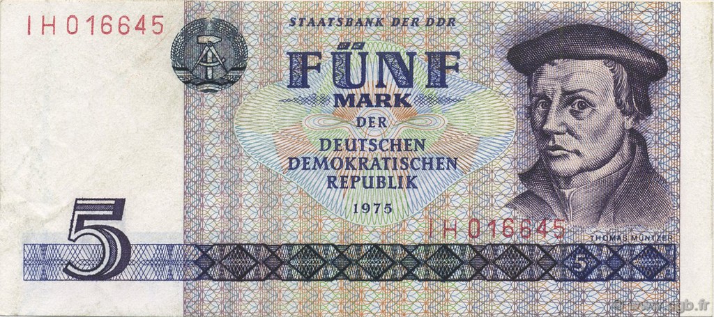 5 Mark GERMAN DEMOCRATIC REPUBLIC  1975 P.27a AU