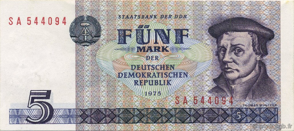 5 Mark GERMAN DEMOCRATIC REPUBLIC  1975 P.27b XF+