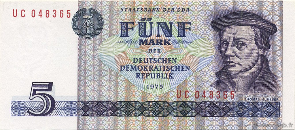 5 Mark GERMAN DEMOCRATIC REPUBLIC  1975 P.27b UNC