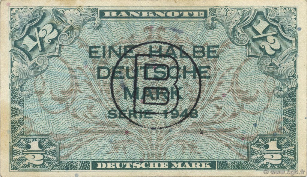 1/2 Deutsche Mark GERMAN FEDERAL REPUBLIC  1948 P.01b XF