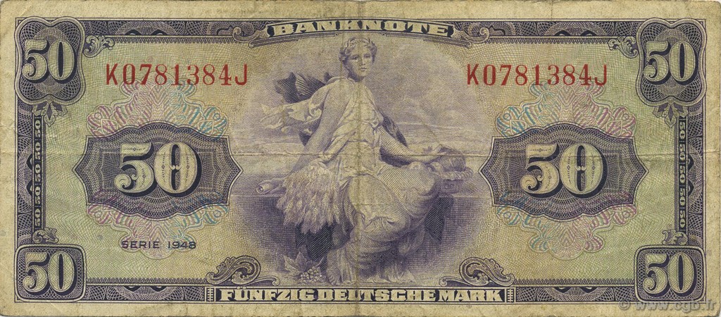 50 Deutsche Mark GERMAN FEDERAL REPUBLIC  1948 P.07a F+