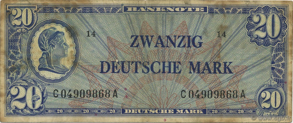 20 Deutsche Mark GERMAN FEDERAL REPUBLIC  1948 P.09a BC