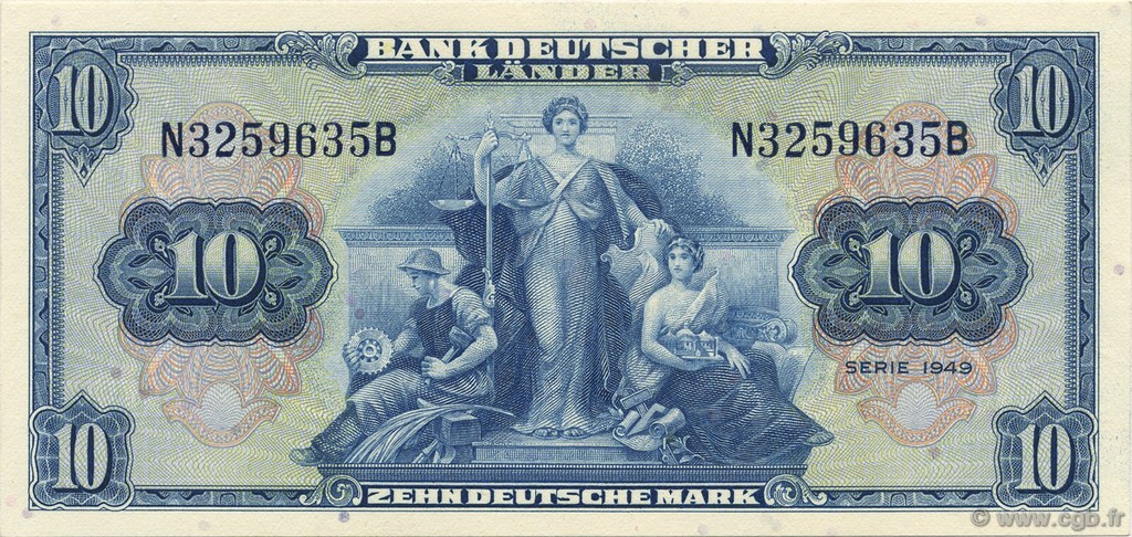 10 Deutsche Mark GERMAN FEDERAL REPUBLIC  1949 P.16a AU