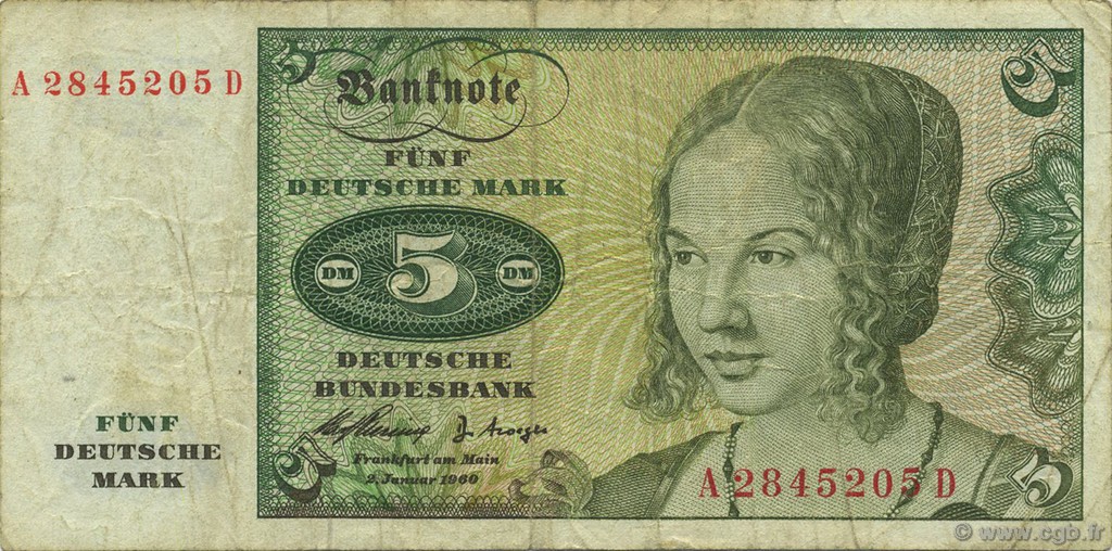 5 Deutsche Mark GERMAN FEDERAL REPUBLIC  1960 P.18a BC