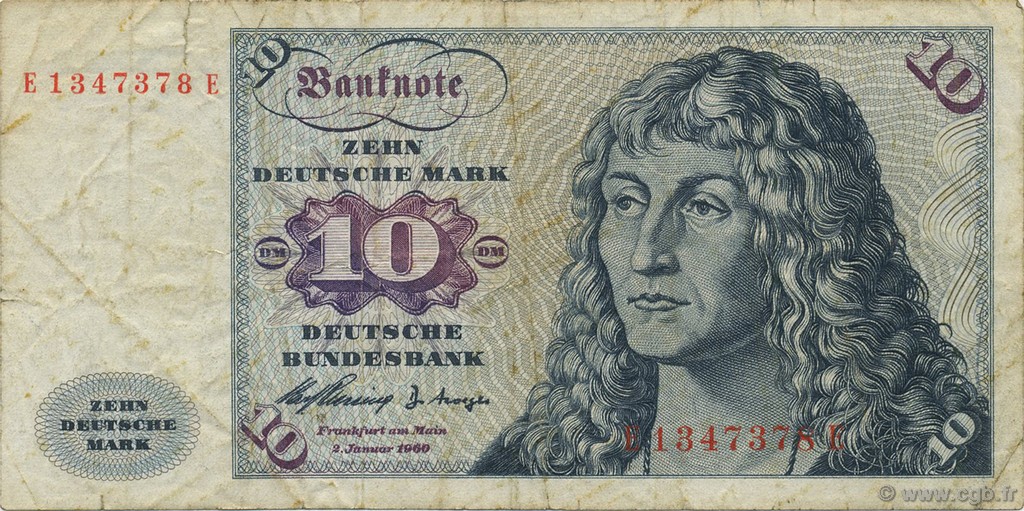 10 Deutsche Mark GERMAN FEDERAL REPUBLIC  1960 P.19a VG