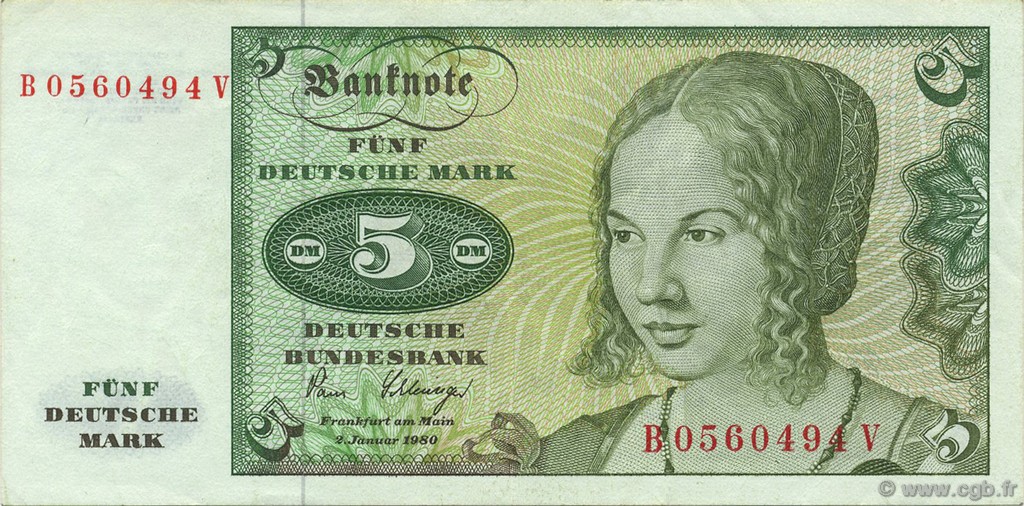 5 Deutsche Mark GERMAN FEDERAL REPUBLIC  1980 P.30b XF