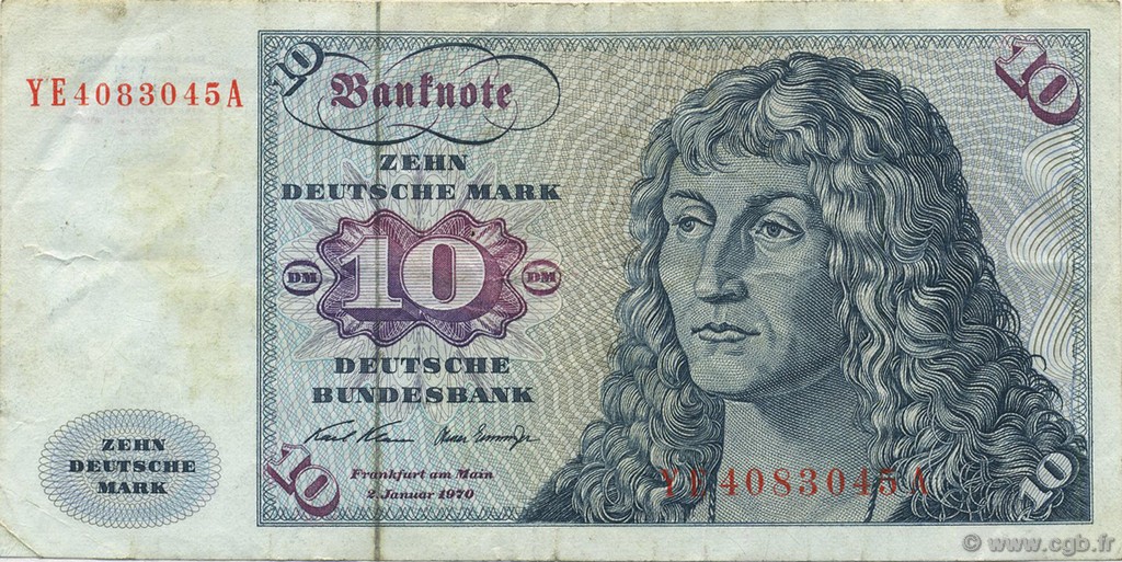 10 Deutsche Mark GERMAN FEDERAL REPUBLIC  1970 P.31a VF