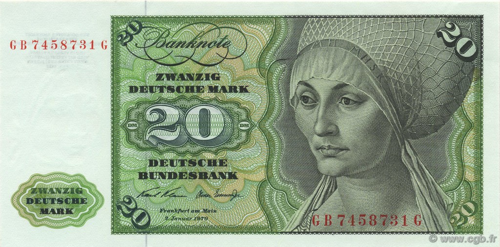 20 Deutsche Mark GERMAN FEDERAL REPUBLIC  1970 P.32a fST+