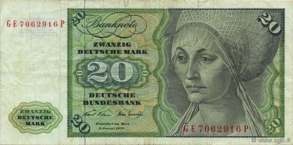 20 Deutsche Mark GERMAN FEDERAL REPUBLIC  1970 P.32a VF