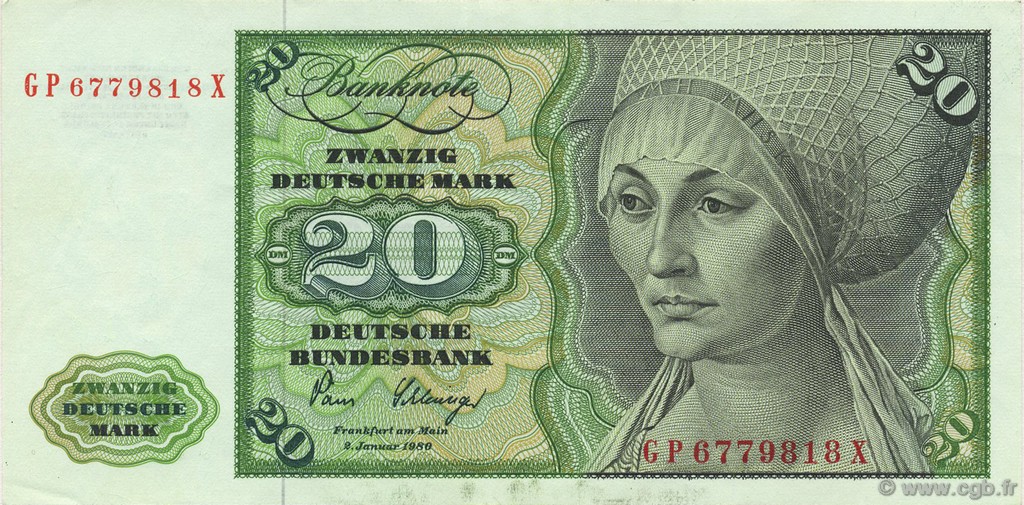 20 Deutsche Mark GERMAN FEDERAL REPUBLIC  1980 P.32d SPL