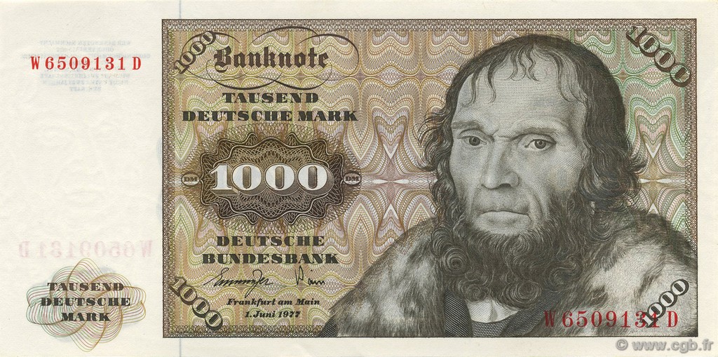 1000 Deutsche Mark GERMAN FEDERAL REPUBLIC  1977 P.36a SC+