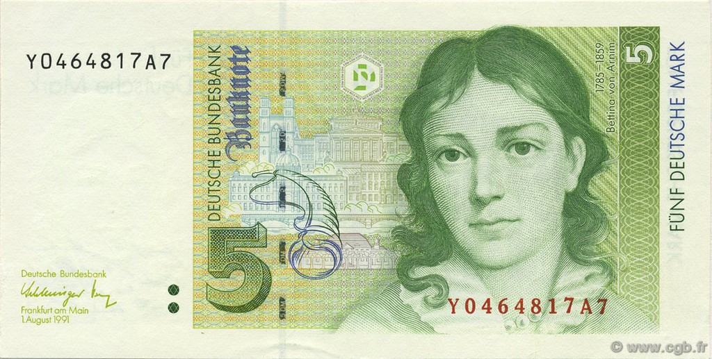 5 Deutsche Mark GERMAN FEDERAL REPUBLIC  1991 P.37 AU+