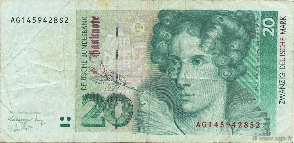 20 Deutsche Mark GERMAN FEDERAL REPUBLIC  1991 P.39a F+