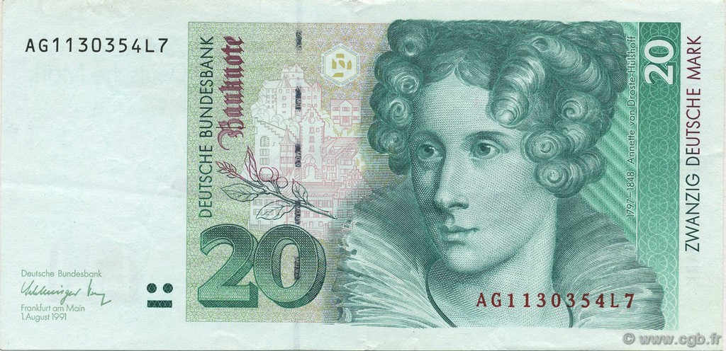 20 Deutsche Mark GERMAN FEDERAL REPUBLIC  1991 P.39a EBC+