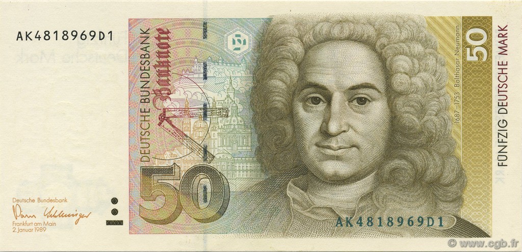 50 Deutsche Mark GERMAN FEDERAL REPUBLIC  1989 P.40a AU+