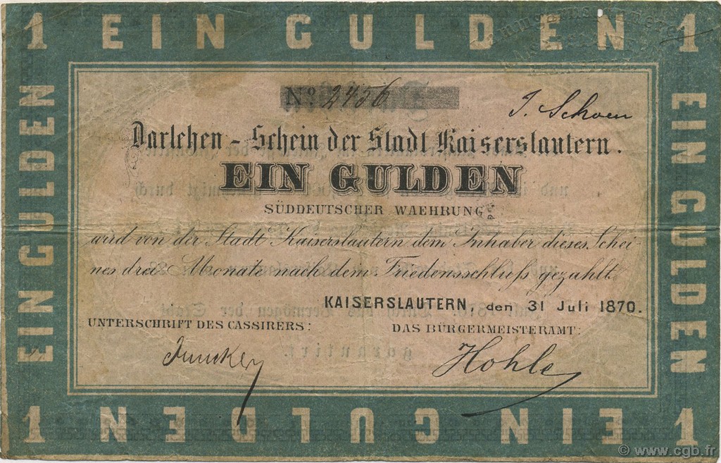 1 Gulden ALEMANIA Kaiserslautern 1870 P.-- BC+
