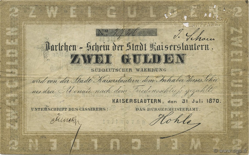 2 Gulden ALEMANIA Kaiserslautern 1870 P.-- BC