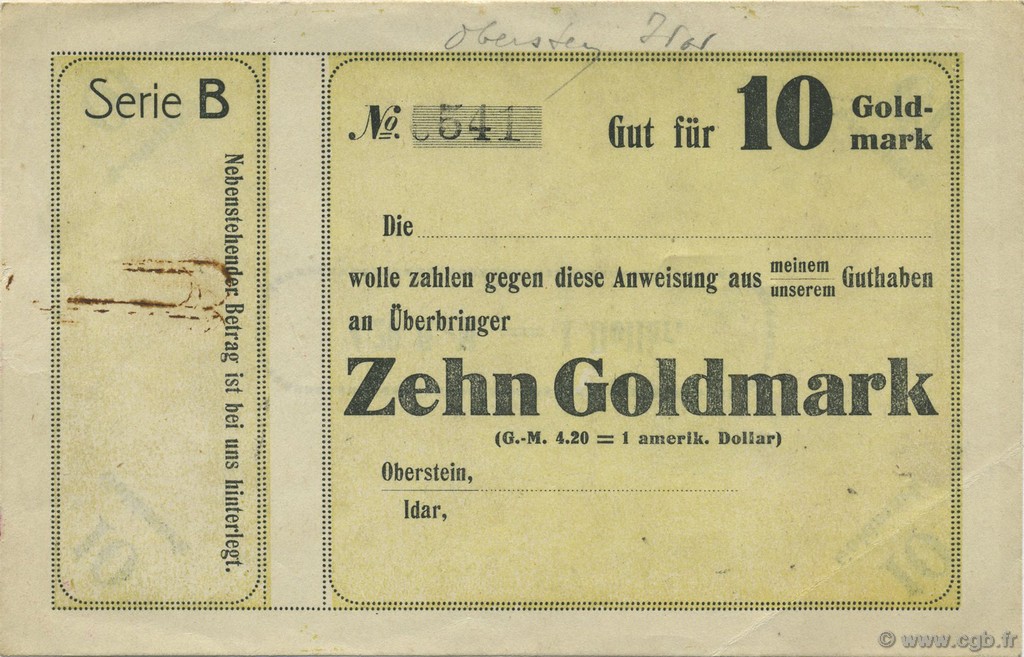 10 Goldmark Non émis DEUTSCHLAND Oberstein-Idar 1923 Mul.3570- VZ+