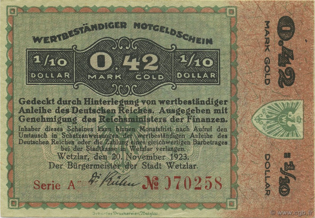 0,42 Goldmark GERMANY Wetzlar 1923 Mul.5105 AU